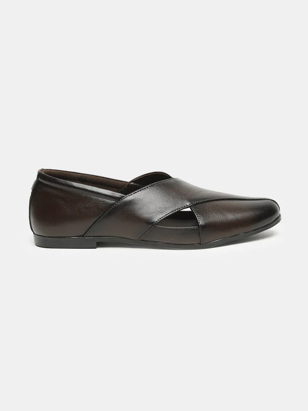 Men Brown Solid Leather Mojaris with Cut Outs
