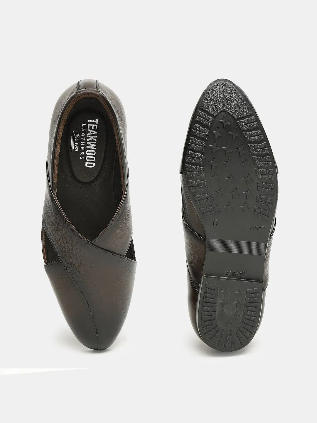 Men Brown Solid Leather Mojaris with Cut Outs