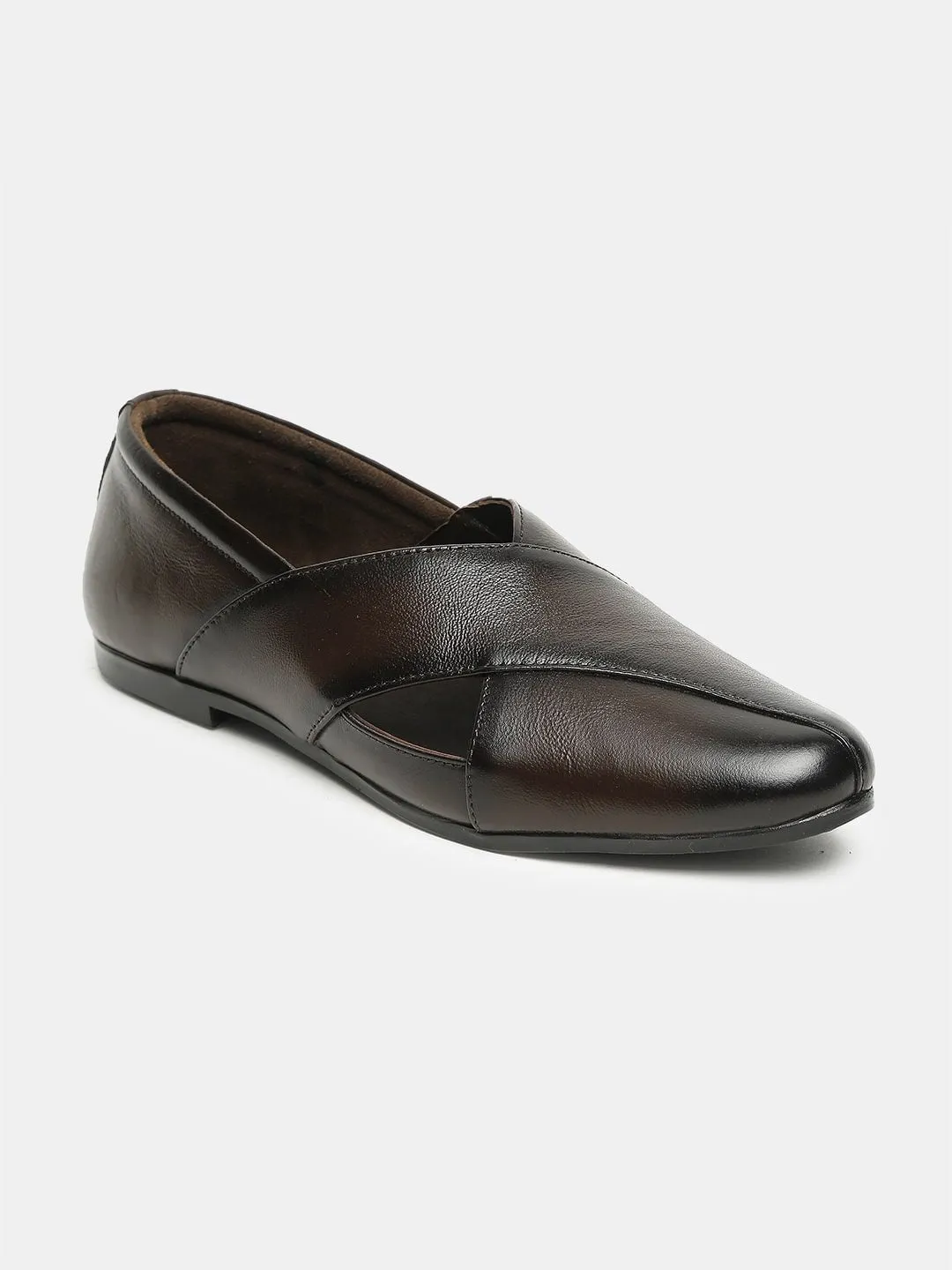 Men Brown Solid Leather Mojaris with Cut Outs