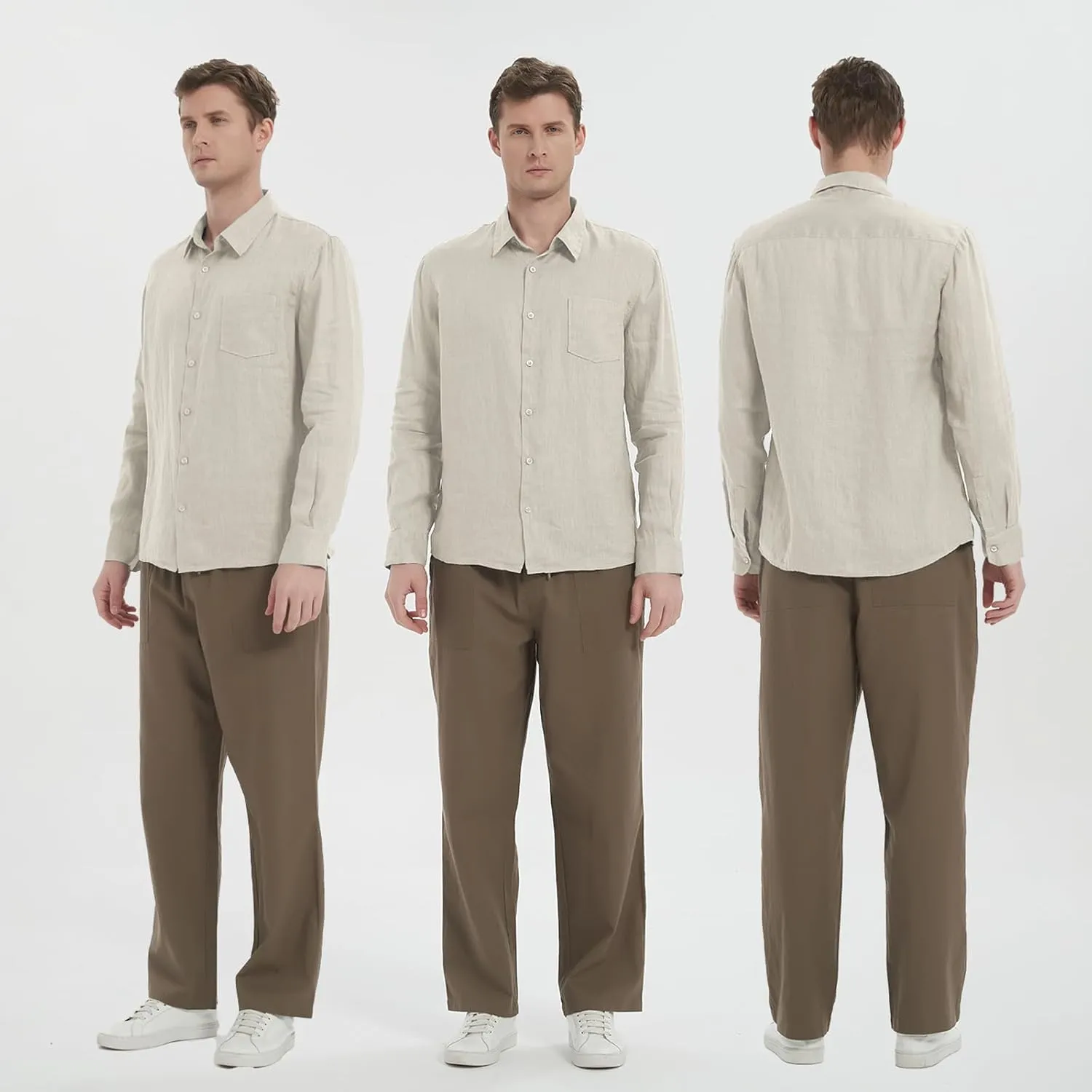 Men's 100% Linen Shirt Casual Long Sleeve Button-Down Shirt for Men Lightweight Linen Shirt with Pockets