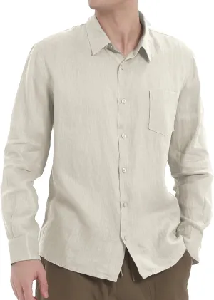 Men's 100% Linen Shirt Casual Long Sleeve Button-Down Shirt for Men Lightweight Linen Shirt with Pockets