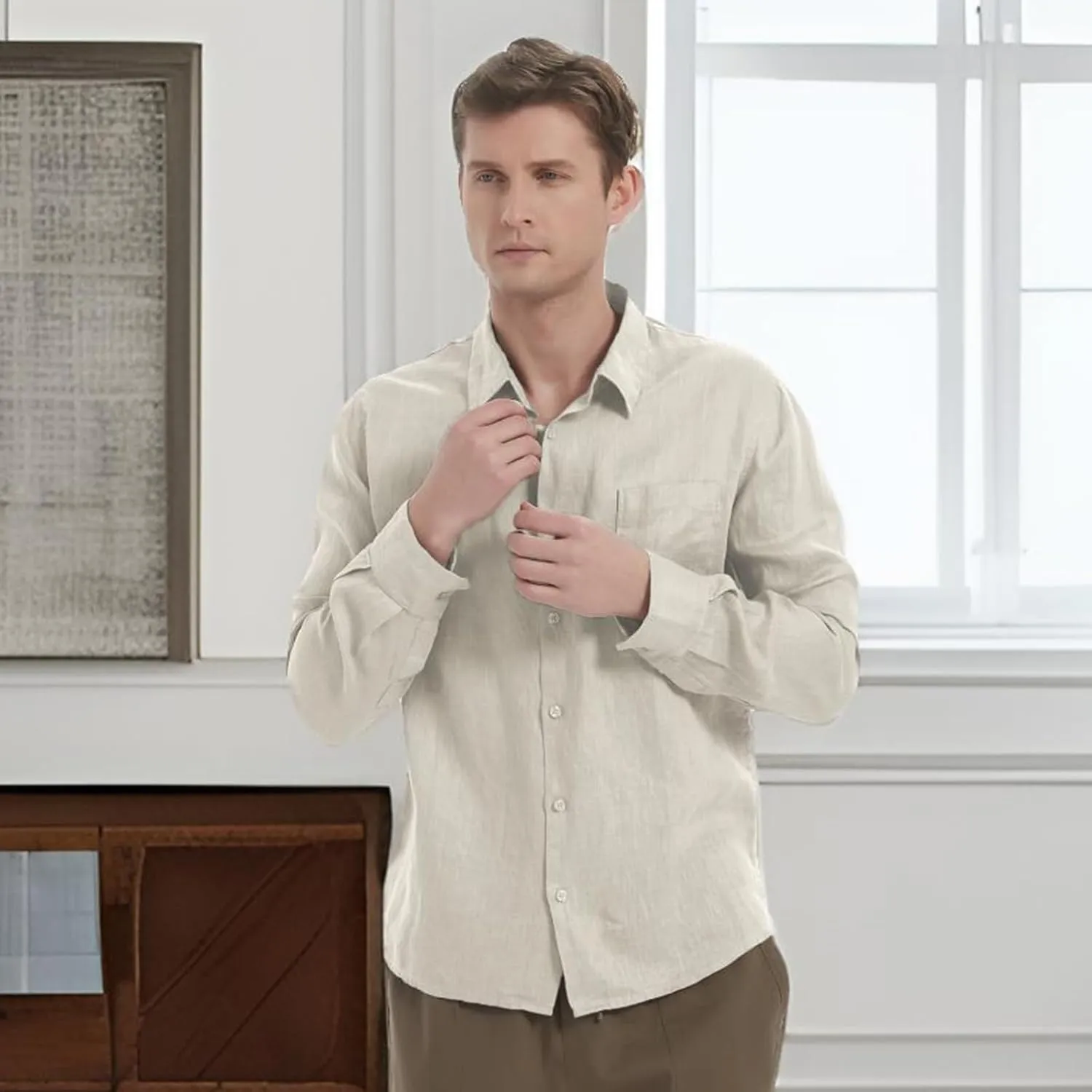 Men's 100% Linen Shirt Casual Long Sleeve Button-Down Shirt for Men Lightweight Linen Shirt with Pockets