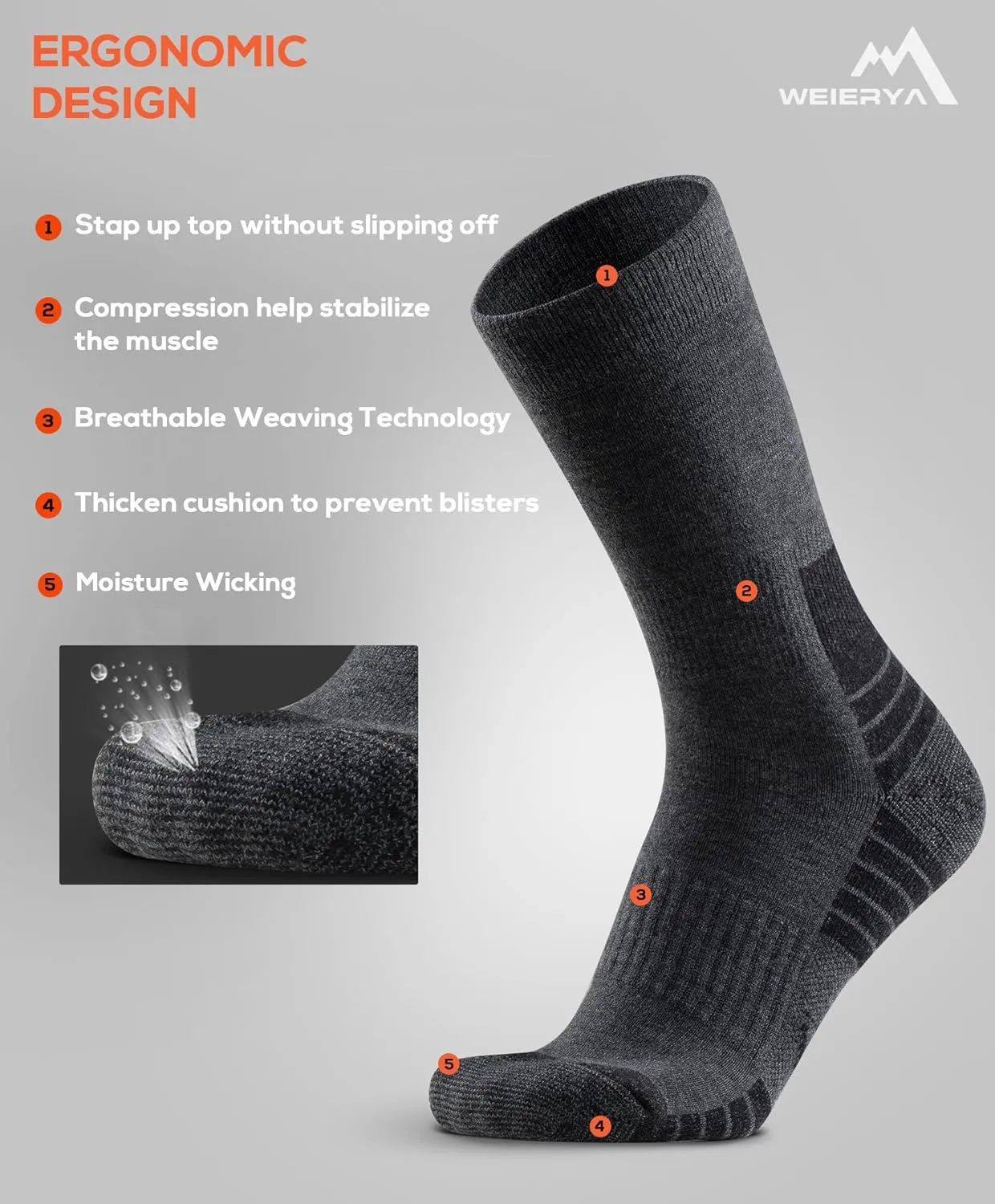 Mens Hiking Socks 3 Pairs Merino Wool, Cushion Hike Trek Micro Crew Socks With Moisture Wicking for Outdoor Sports