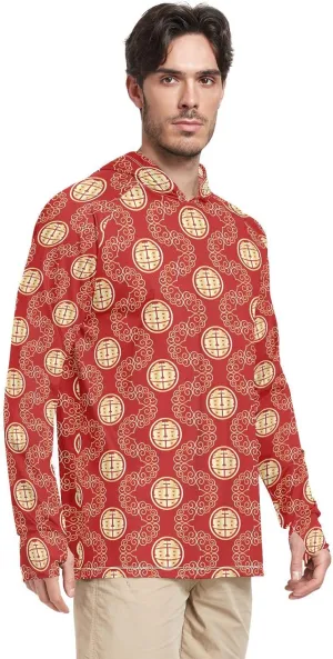 Mens Hoodie Sun Protection Long Sleeve Double Happiness Sun Shirt with Hood UPF 50 Beach Hoodie Rash Guard for Men