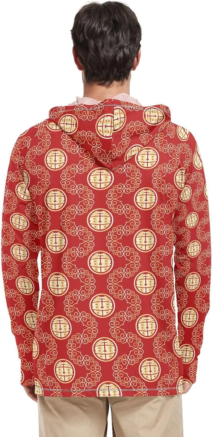 Mens Hoodie Sun Protection Long Sleeve Double Happiness Sun Shirt with Hood UPF 50 Beach Hoodie Rash Guard for Men