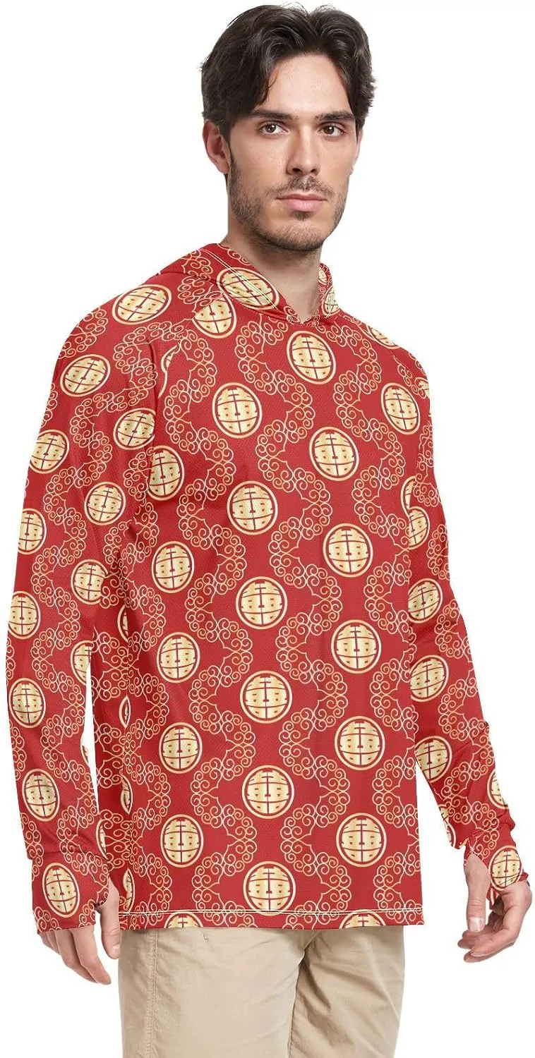 Mens Hoodie Sun Protection Long Sleeve Double Happiness Sun Shirt with Hood UPF 50 Beach Hoodie Rash Guard for Men