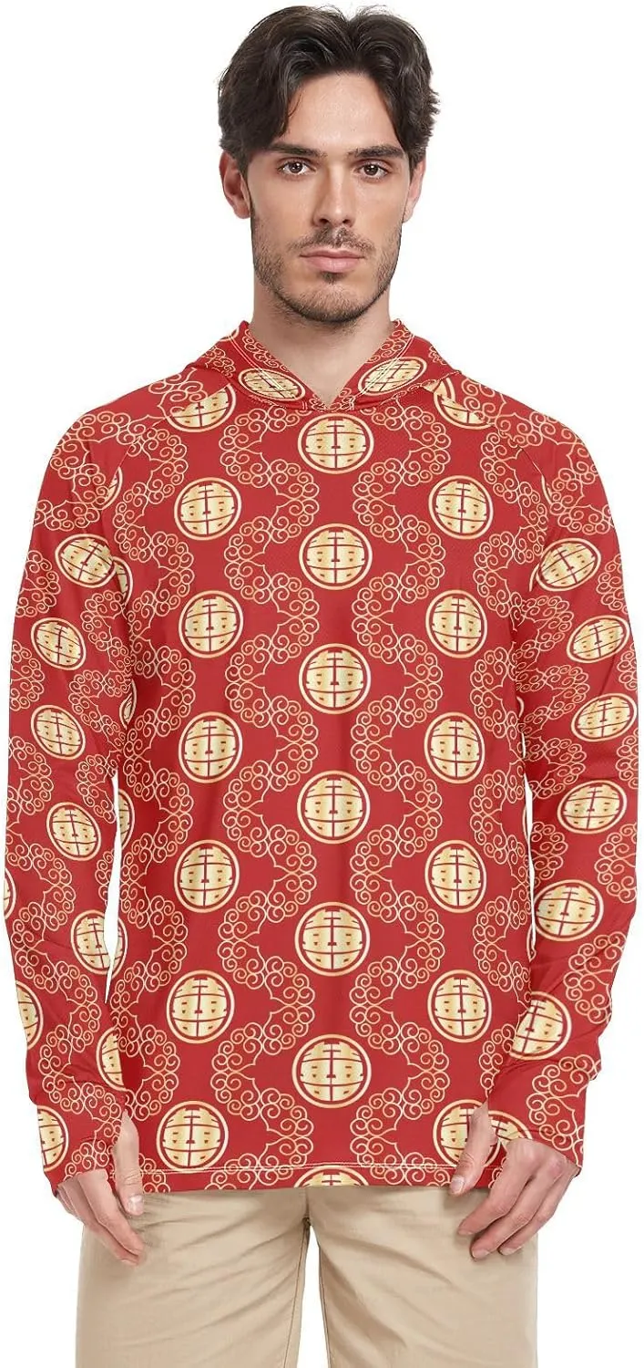 Mens Hoodie Sun Protection Long Sleeve Double Happiness Sun Shirt with Hood UPF 50 Beach Hoodie Rash Guard for Men