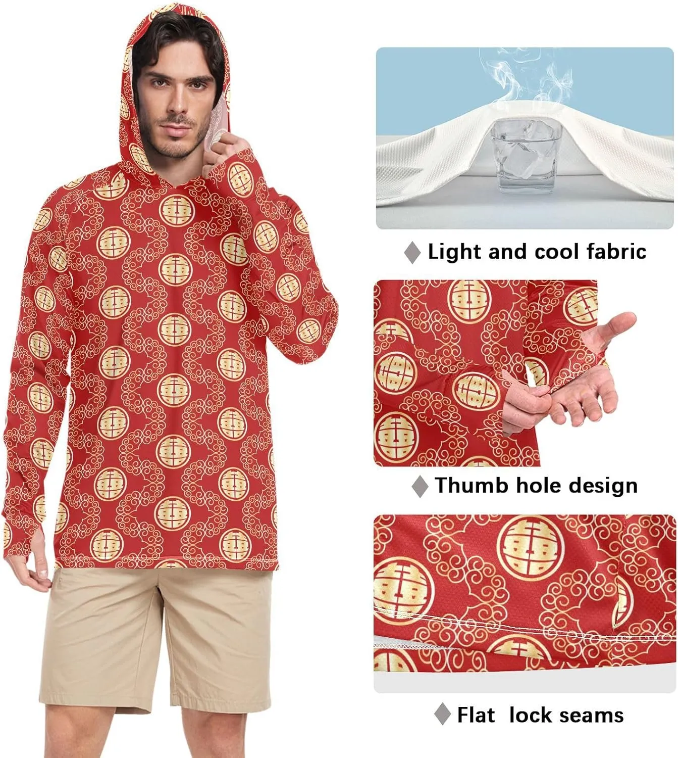 Mens Hoodie Sun Protection Long Sleeve Double Happiness Sun Shirt with Hood UPF 50 Beach Hoodie Rash Guard for Men