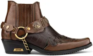 Men's Leather Crocodile Design Cowboy Western Ankle Boots with Cuban Heels and Metal Chain