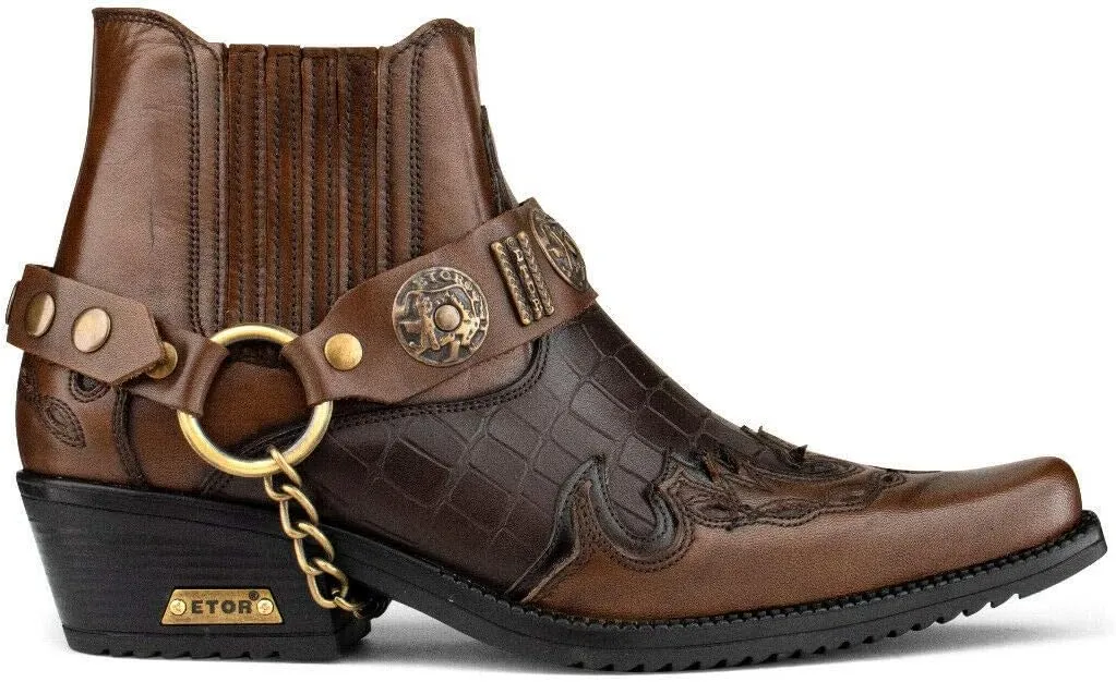 Men's Leather Crocodile Design Cowboy Western Ankle Boots with Cuban Heels and Metal Chain