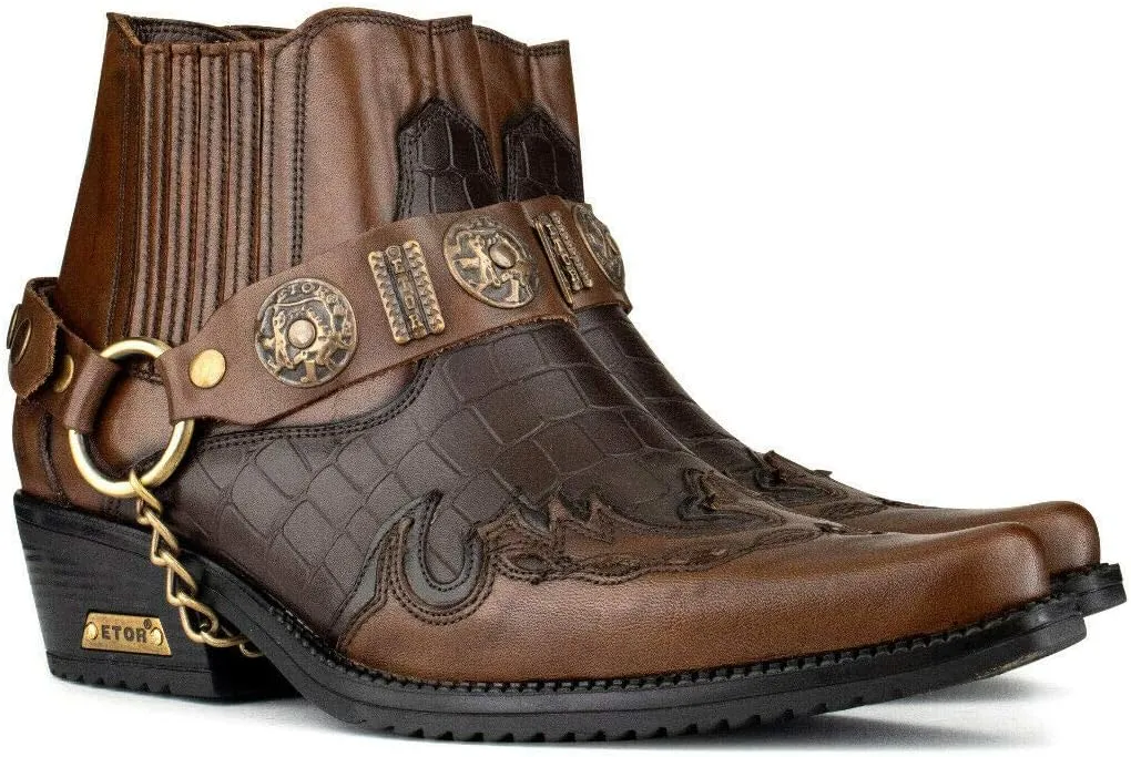 Men's Leather Crocodile Design Cowboy Western Ankle Boots with Cuban Heels and Metal Chain