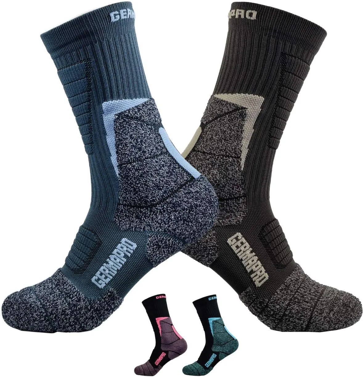 Mens Moisture Wicking Crew Compression Hiking Work Boot Socks w/Anti-Fatigue Germanium Infused   Coolmax Fiber 1/2 Pk