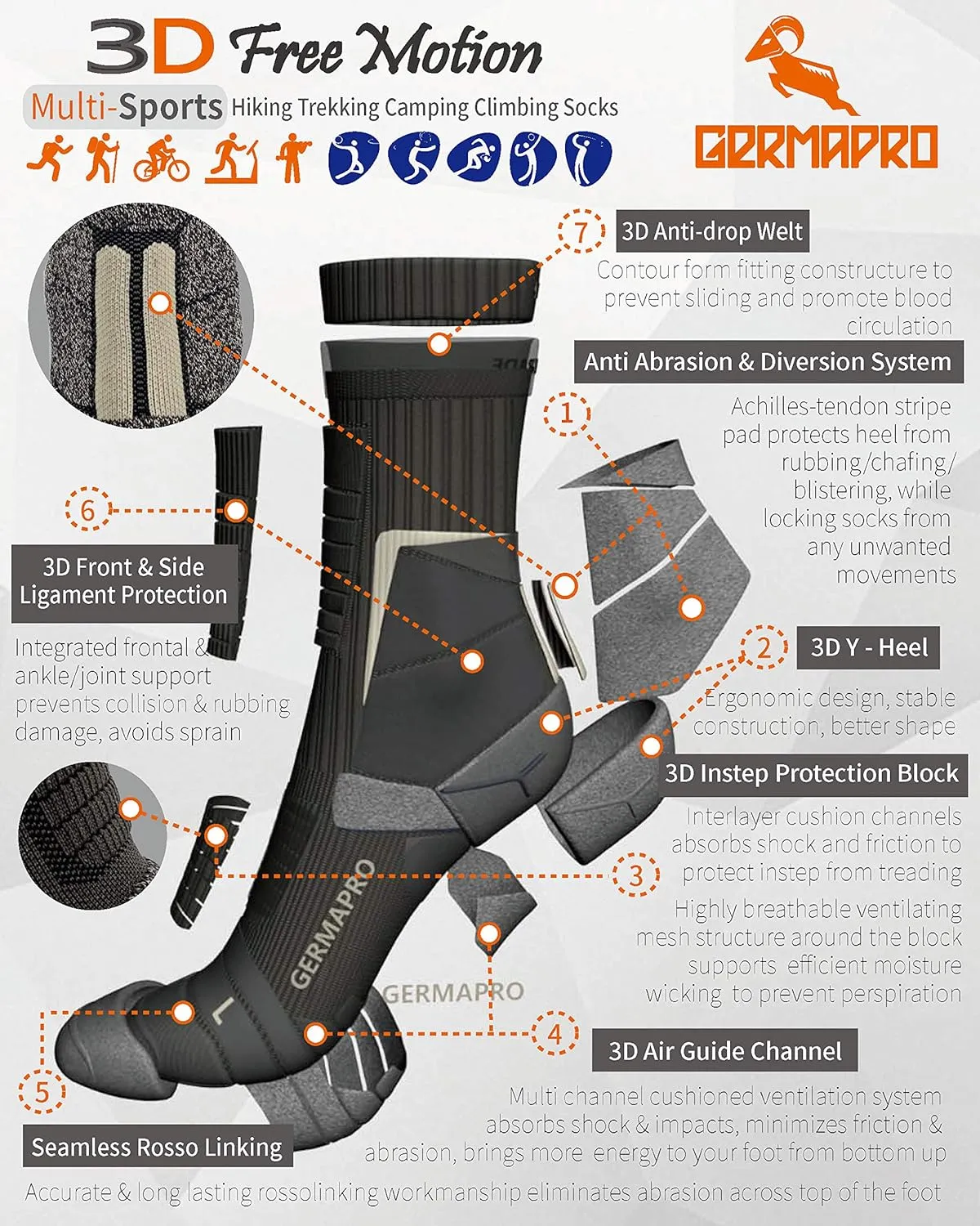 Mens Moisture Wicking Crew Compression Hiking Work Boot Socks w/Anti-Fatigue Germanium Infused   Coolmax Fiber 1/2 Pk