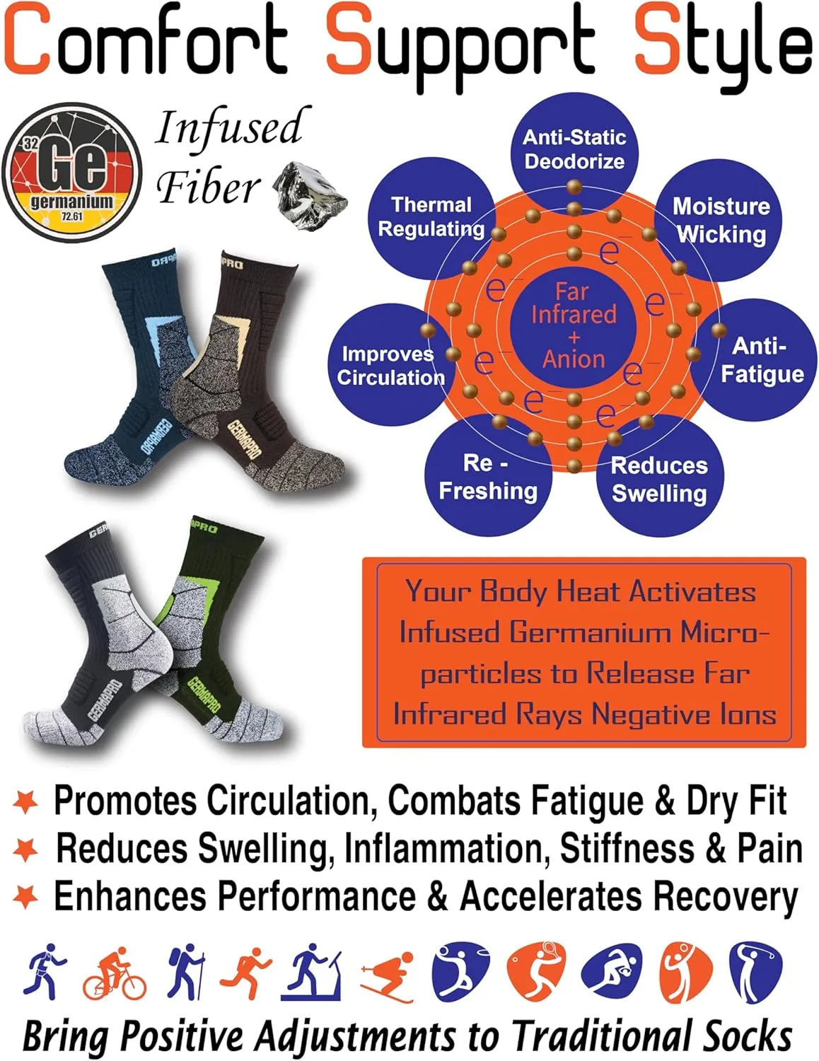 Mens Moisture Wicking Crew Compression Hiking Work Boot Socks w/Anti-Fatigue Germanium Infused   Coolmax Fiber 1/2 Pk