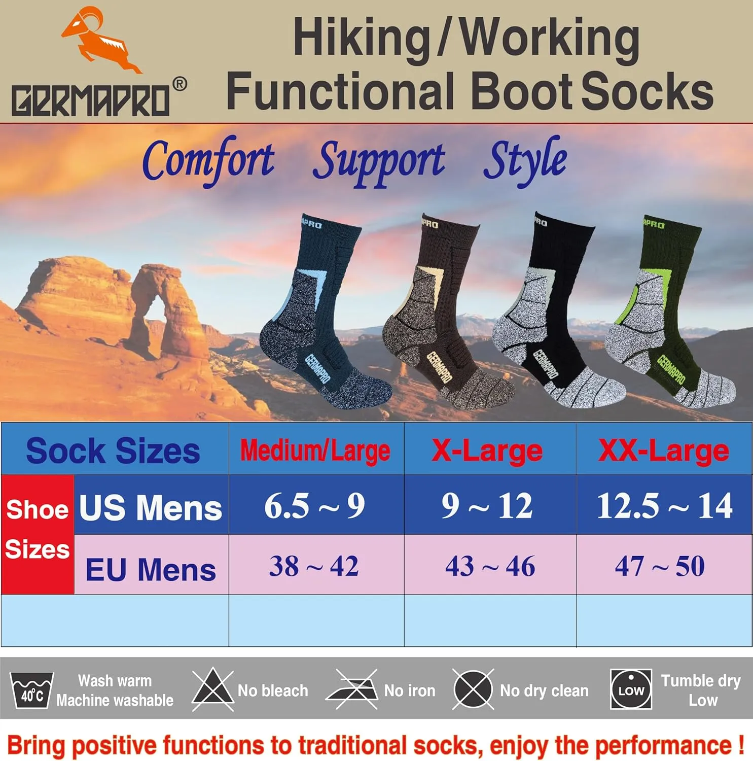 Mens Moisture Wicking Crew Compression Hiking Work Boot Socks w/Anti-Fatigue Germanium Infused   Coolmax Fiber 1/2 Pk