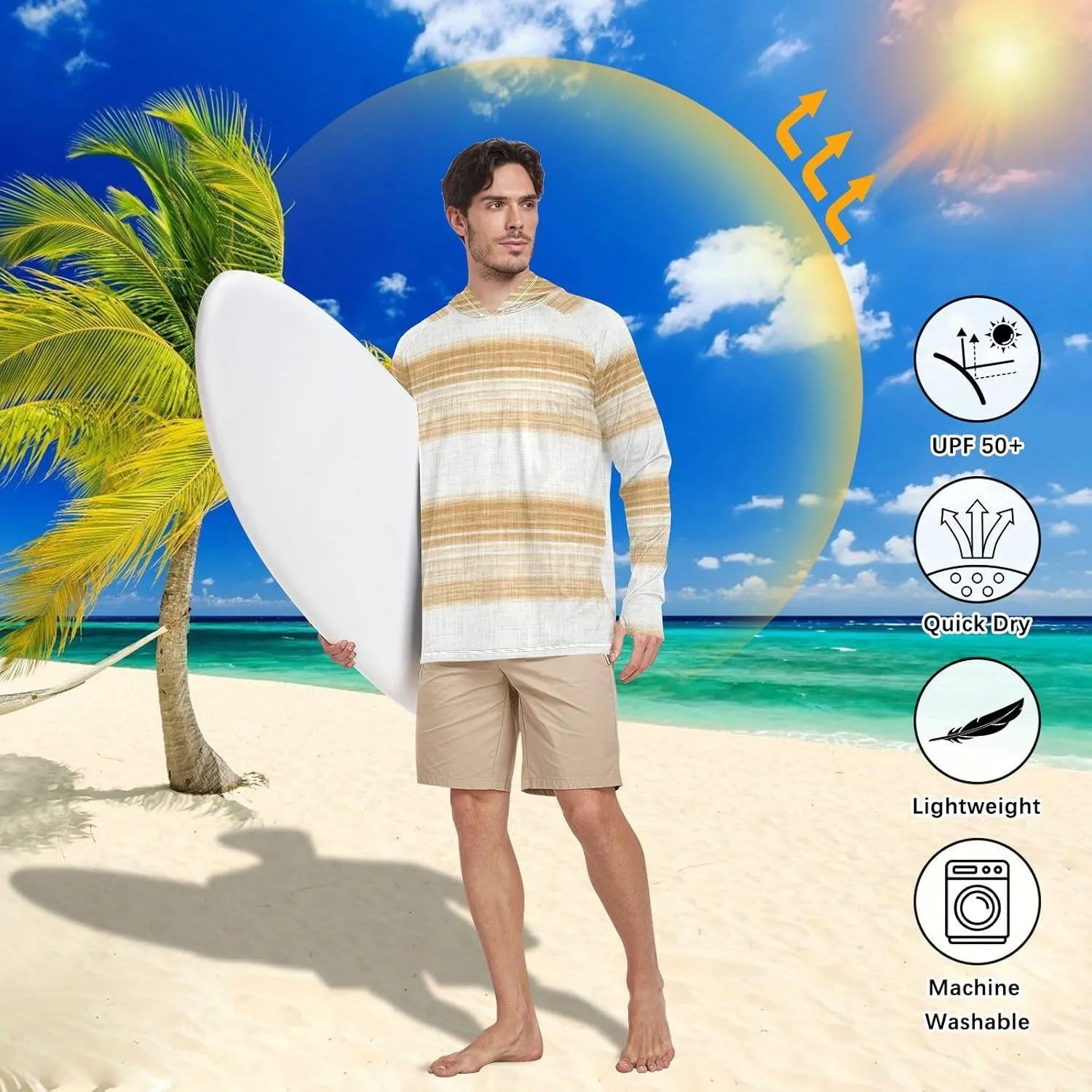 Men's Sun Shirt Hoodie Long Sleeve Gray French Stripe UPF 50   Sun Shirt with Hood Cooling Hoodies Rash Guards Mens