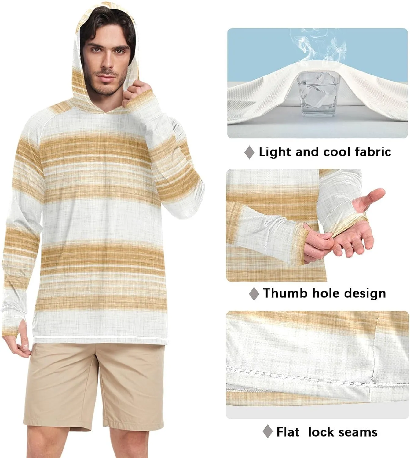Men's Sun Shirt Hoodie Long Sleeve Gray French Stripe UPF 50   Sun Shirt with Hood Cooling Hoodies Rash Guards Mens