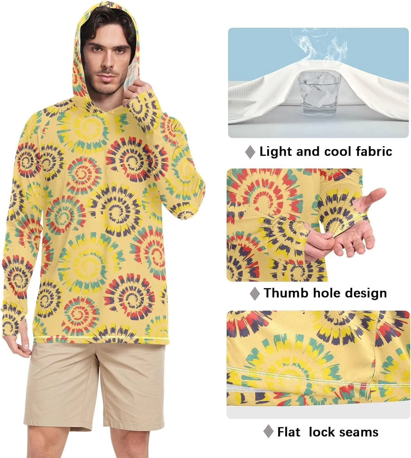 Men's Sun Shirt Hoodie Long Sleeve Tie Dye Spiral Fishing Shirt UPF 50  Hiking Hoodie Men UV Rash Guards