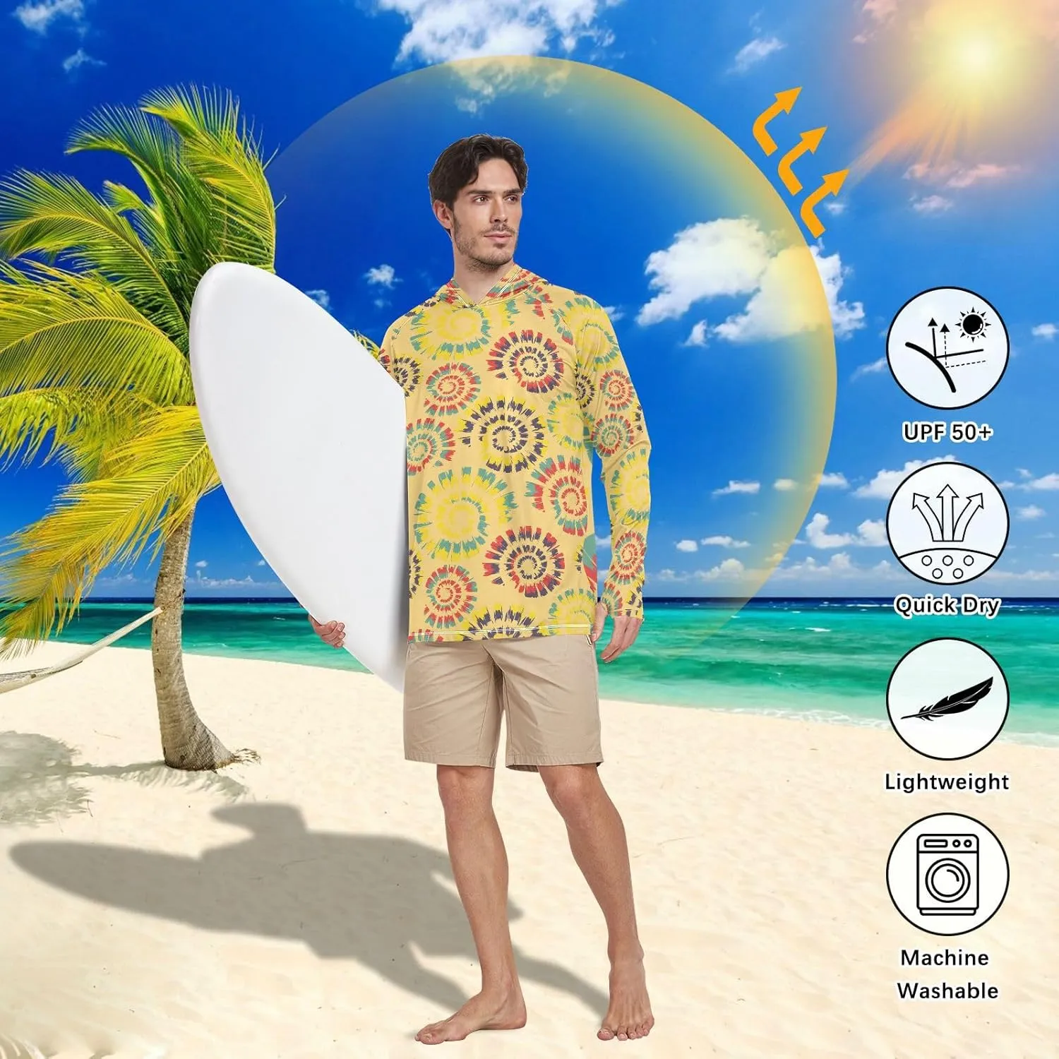 Men's Sun Shirt Hoodie Long Sleeve Tie Dye Spiral Fishing Shirt UPF 50  Hiking Hoodie Men UV Rash Guards