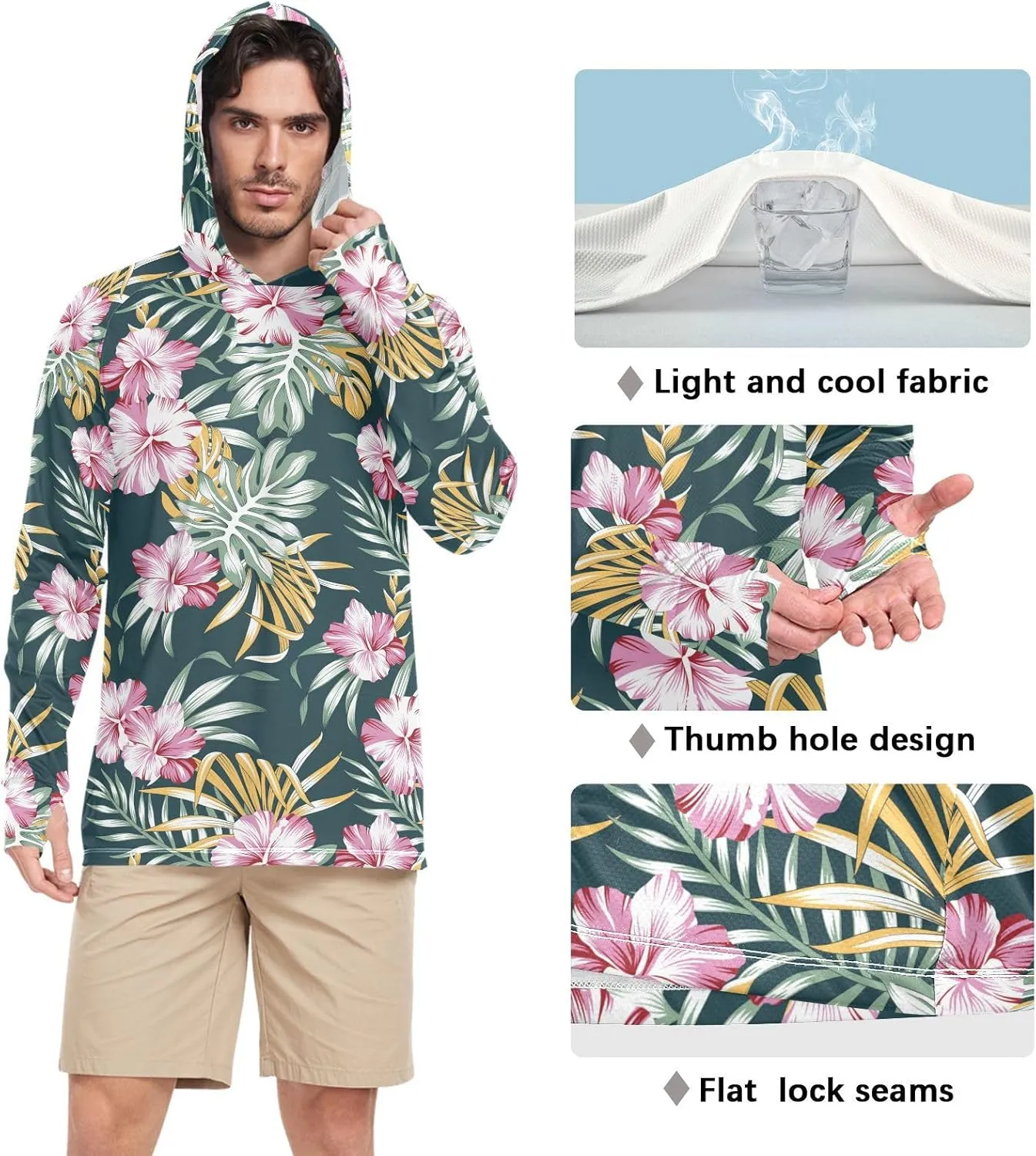 Mens Sun Shirts Protection Long Sleeve Tropical Floral Fishing Shirt UPF 50 Hooded Fishing Shirts Men Rash Guards