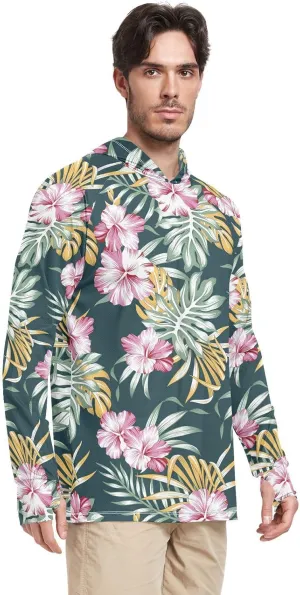 Mens Sun Shirts Protection Long Sleeve Tropical Floral Fishing Shirt UPF 50 Hooded Fishing Shirts Men Rash Guards