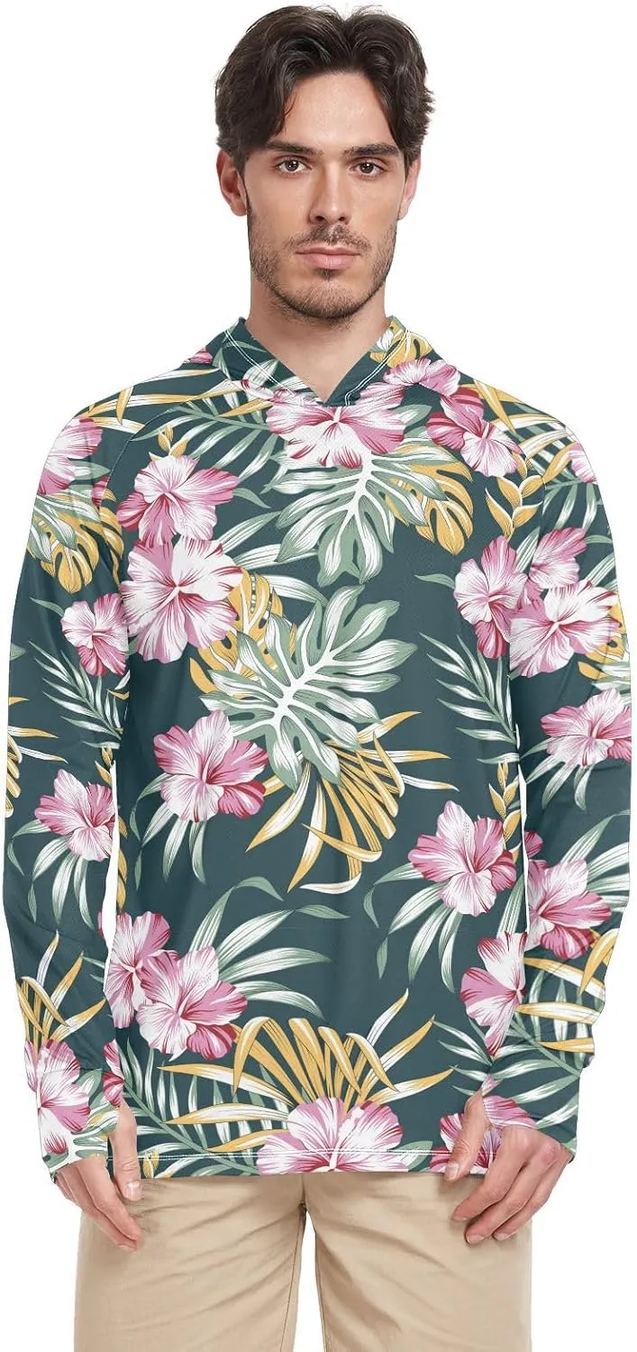 Mens Sun Shirts Protection Long Sleeve Tropical Floral Fishing Shirt UPF 50 Hooded Fishing Shirts Men Rash Guards