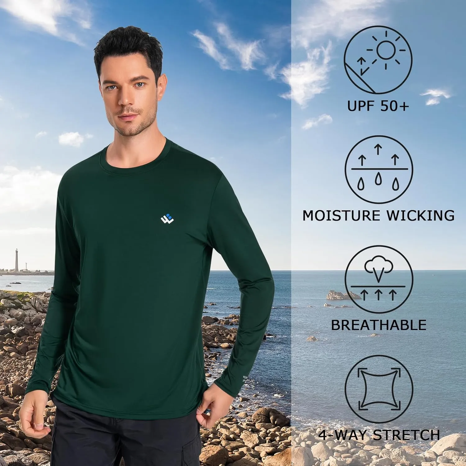 Men’s UPF 50  Lightweight Long Sleeve Casual T-Shirt Quick Dry UV Sun Protection for Outdoor Beach Hiking Fishing Exercise