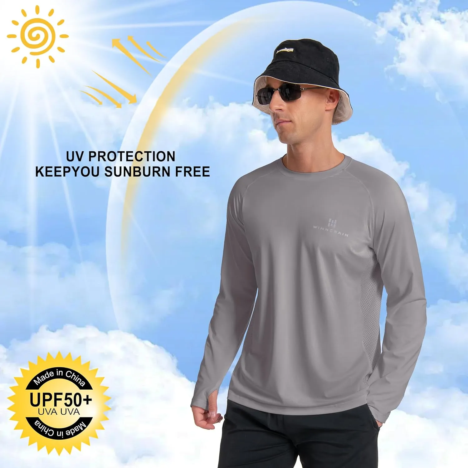 Men's UPF 50  Long Sleeve Loose-Fit Lightweight Sun Protection Fishing Hiking Running UV Shirt Rash Guard