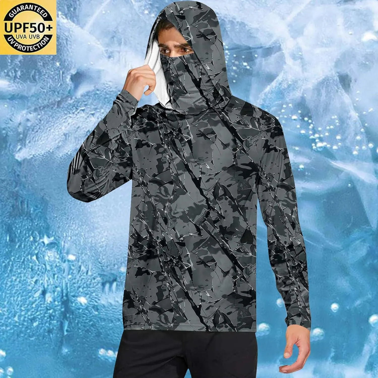 Men's UPF 50  Sun Protection Hoodie with Mask Long Sleeve Rash Guards UV Cooling Lightweight Fishing Hiking Shirts