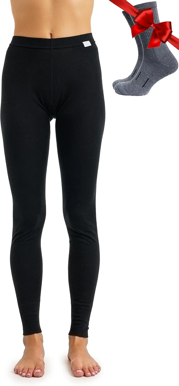 Merino Wool Base Layer Women Pants 100% Merino Wool Leggings Heavyweight, Midweight, Lite Thermal Underwear Bottom and Socks