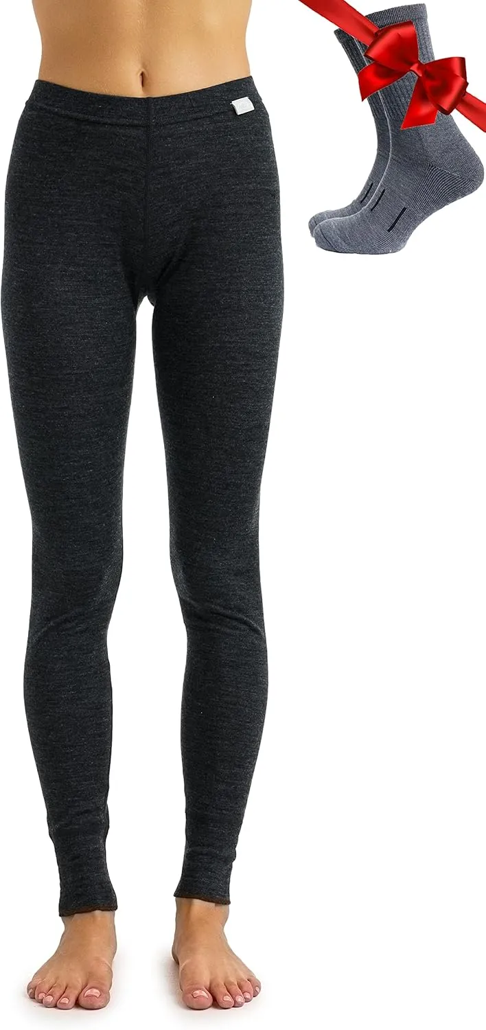 Merino Wool Base Layer Women Pants 100% Merino Wool Leggings Heavyweight, Midweight, Lite Thermal Underwear Bottom and Socks