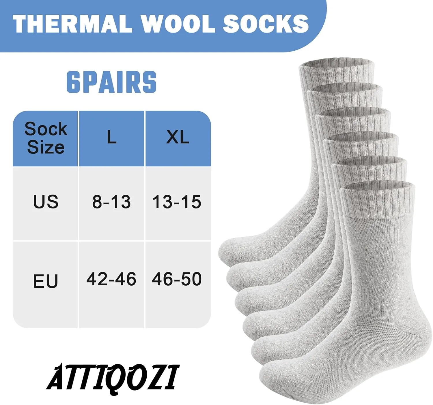 Merino Wool Crew Socks for Men, Thick Thermal Hiking Socks Warm Cozy Boot Socks for Cold Weather 6 Pairs