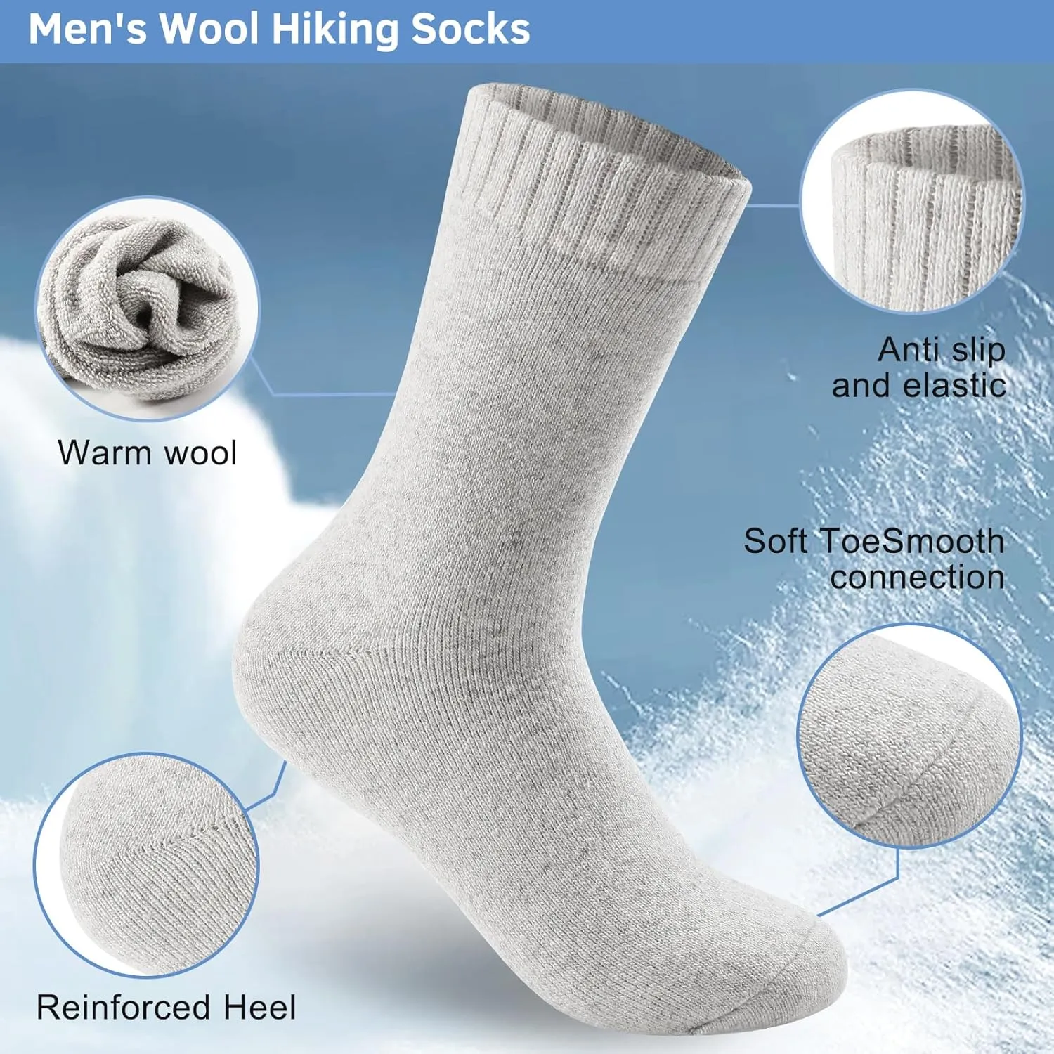 Merino Wool Crew Socks for Men, Thick Thermal Hiking Socks Warm Cozy Boot Socks for Cold Weather 6 Pairs