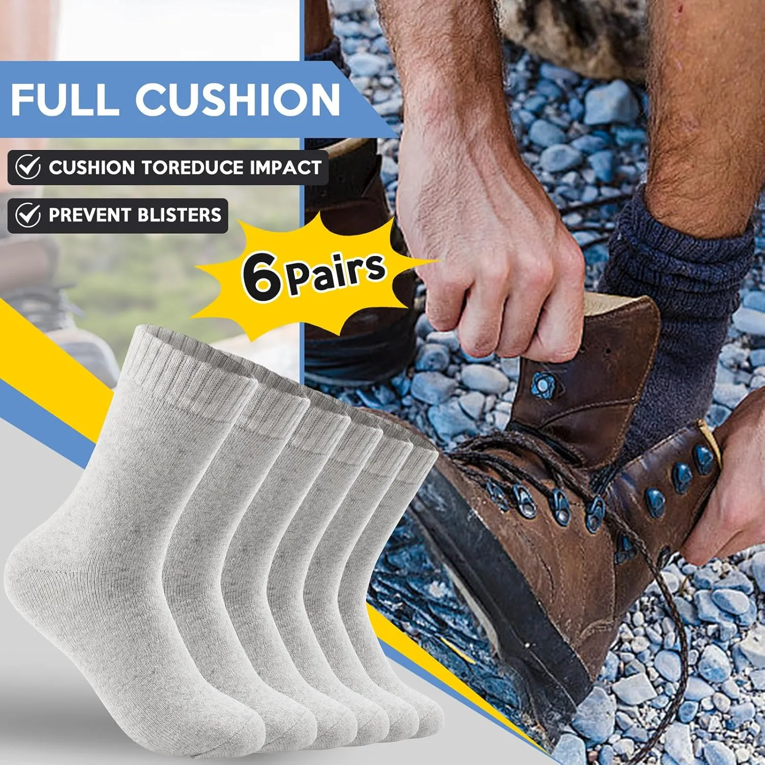 Merino Wool Crew Socks for Men, Thick Thermal Hiking Socks Warm Cozy Boot Socks for Cold Weather 6 Pairs