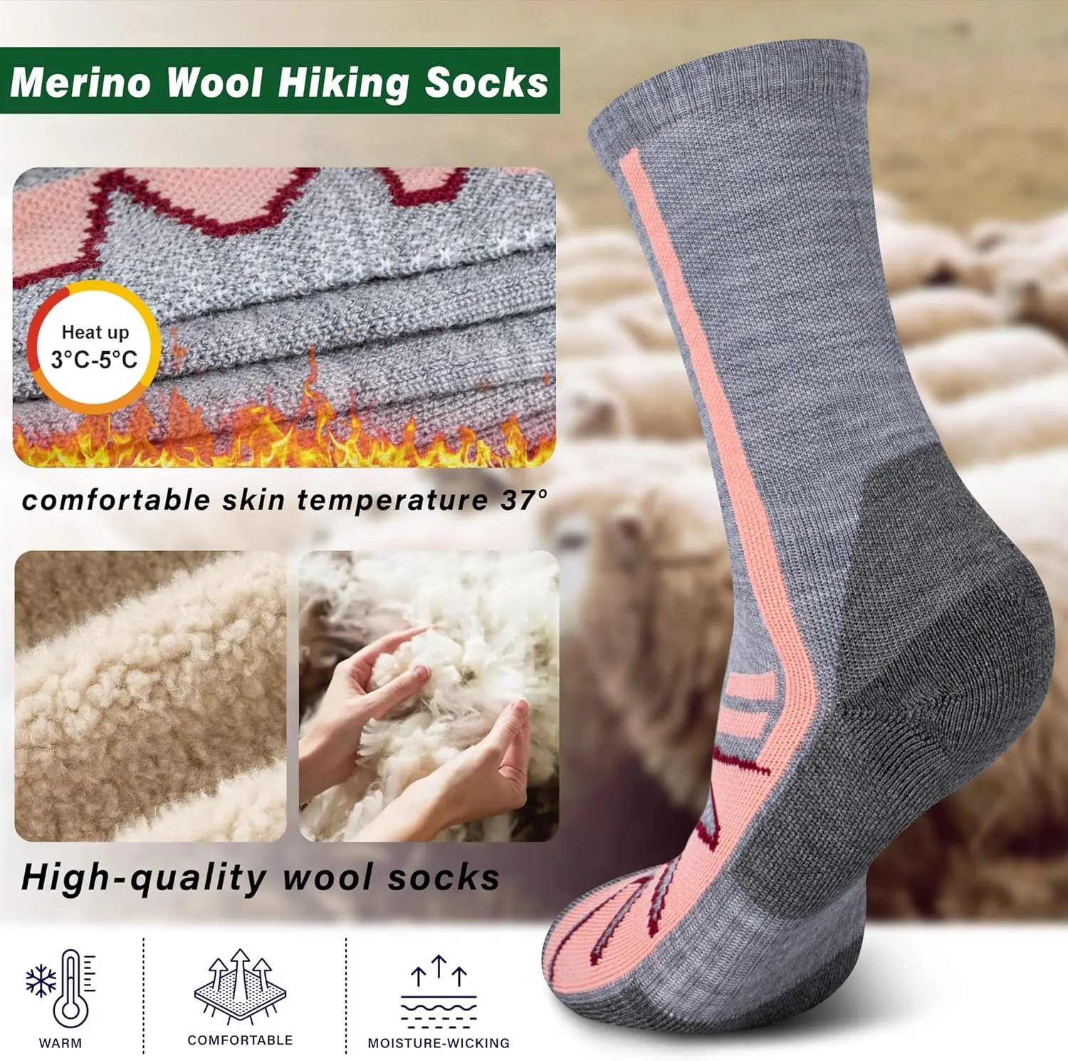 Merino Wool Hiking Socks for Cold Weather Socks Thermal Warm Crew Winter Boot Cushion Socks