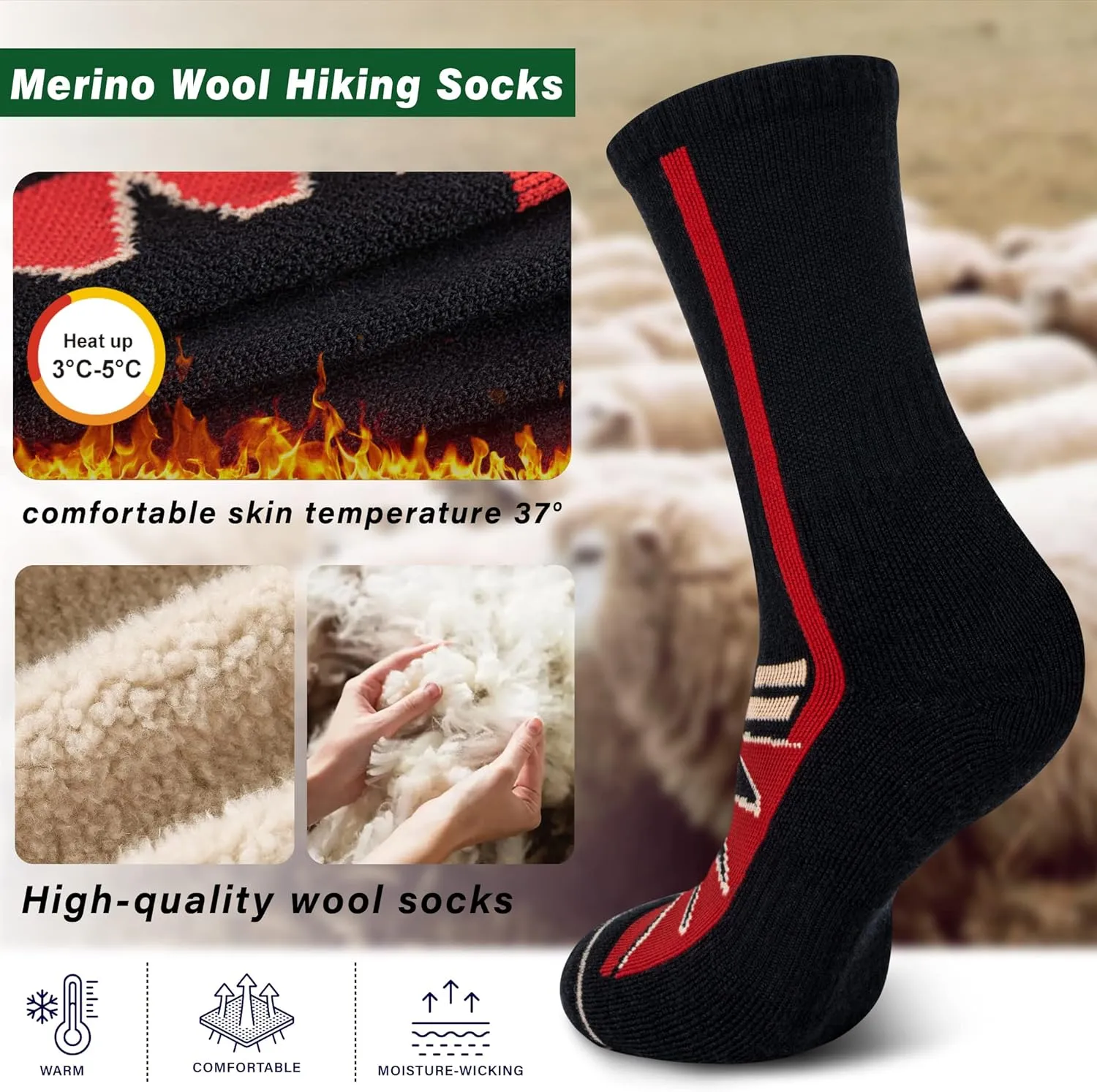 Merino Wool Hiking Socks for Cold Weather Socks Thermal Warm Crew Winter Boot Cushion Socks