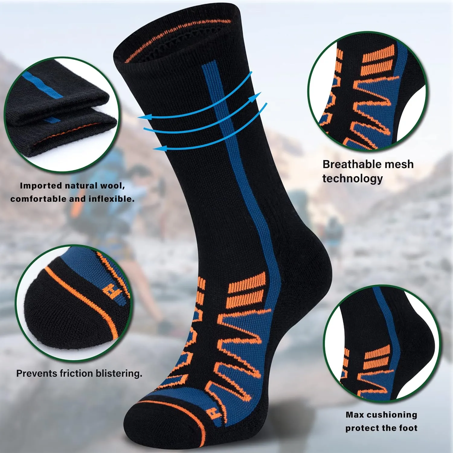 Merino Wool Hiking Socks for Cold Weather Socks Thermal Warm Crew Winter Boot Cushion Socks