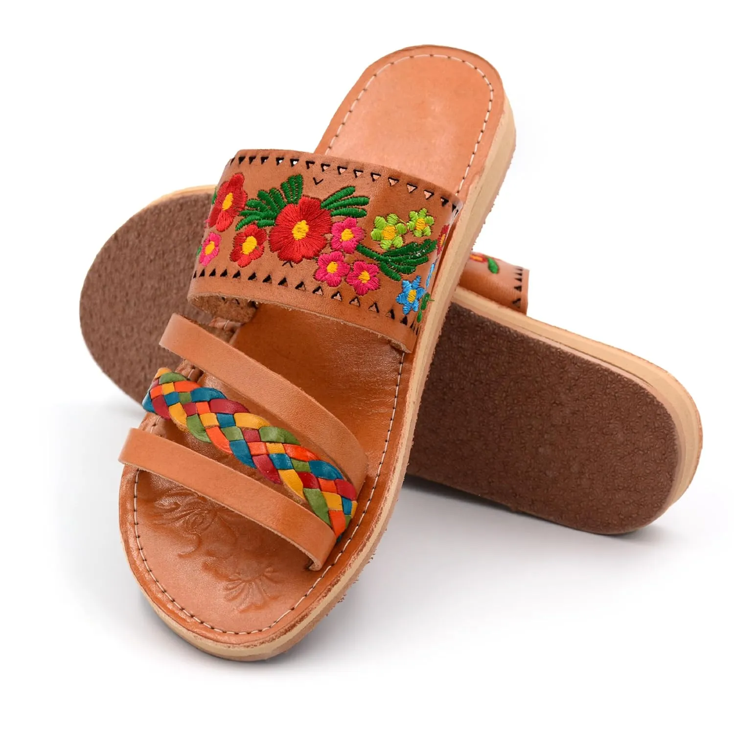 Mexican Leather Sandals with Embroidered Flowers and Braided Strap for Women - Model 210 (8)