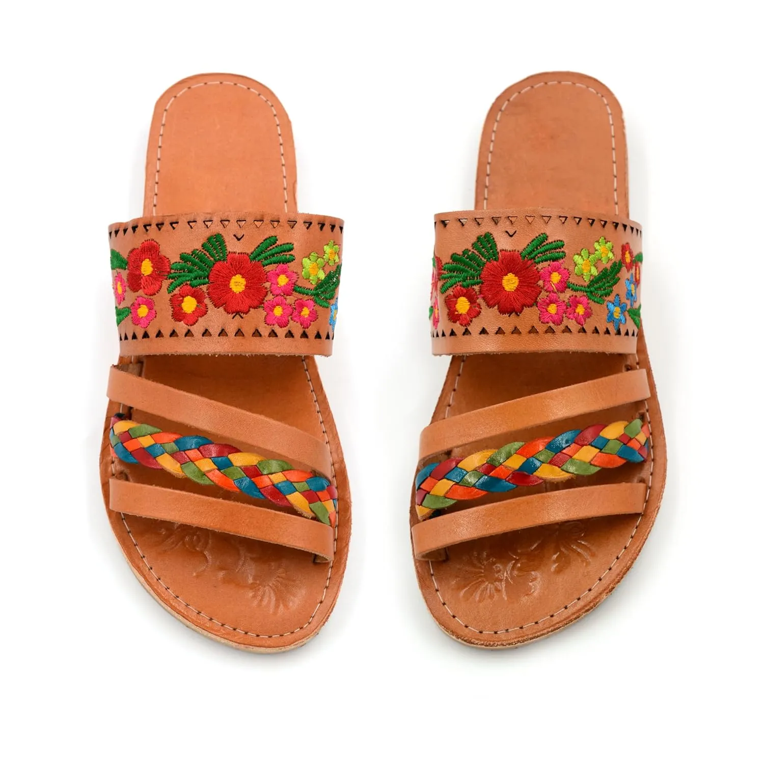Mexican Leather Sandals with Embroidered Flowers and Braided Strap for Women - Model 210 (8)