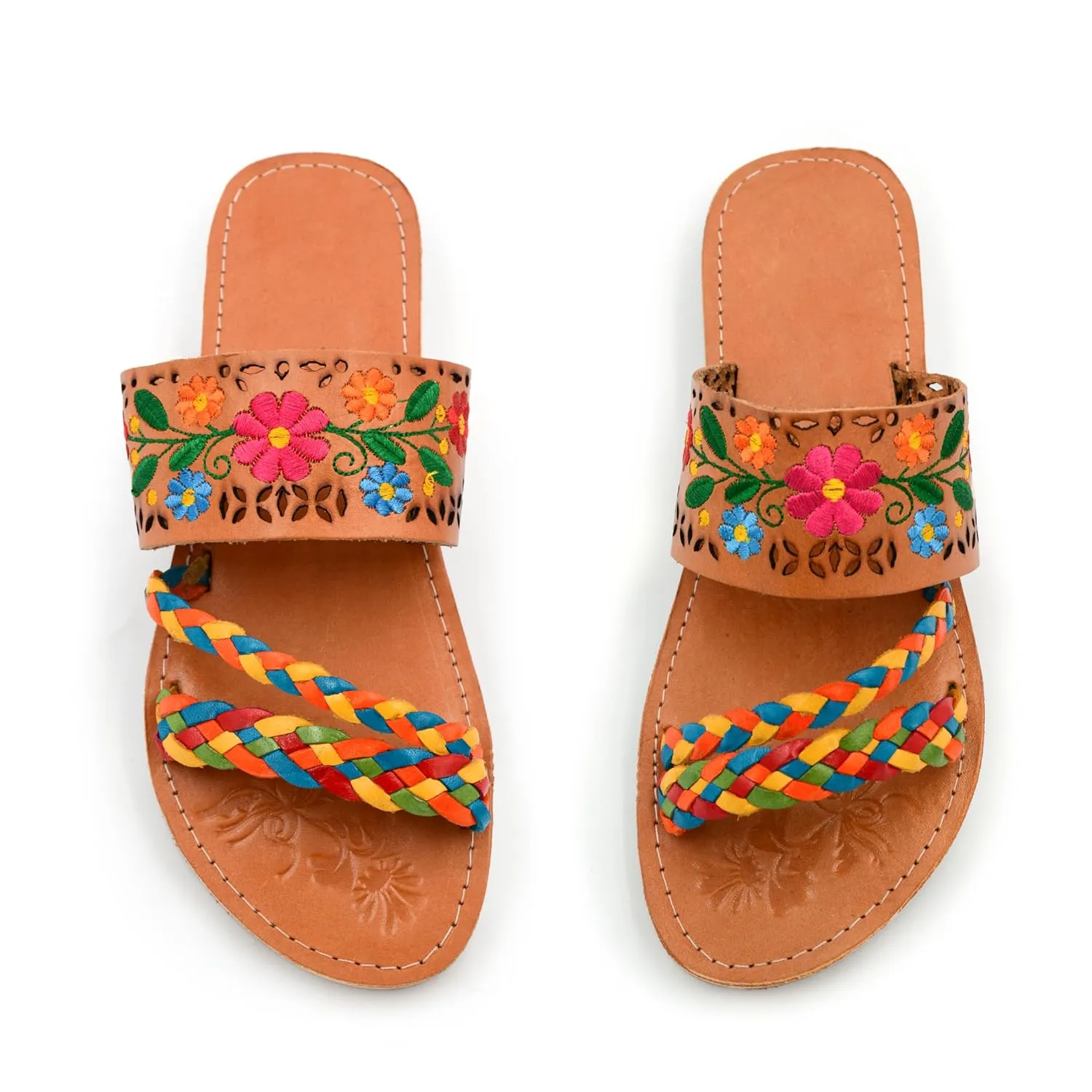 Mexican Leather Sandals with Embroidered Flowers and Braided Straps for Women - Model 216 (8)