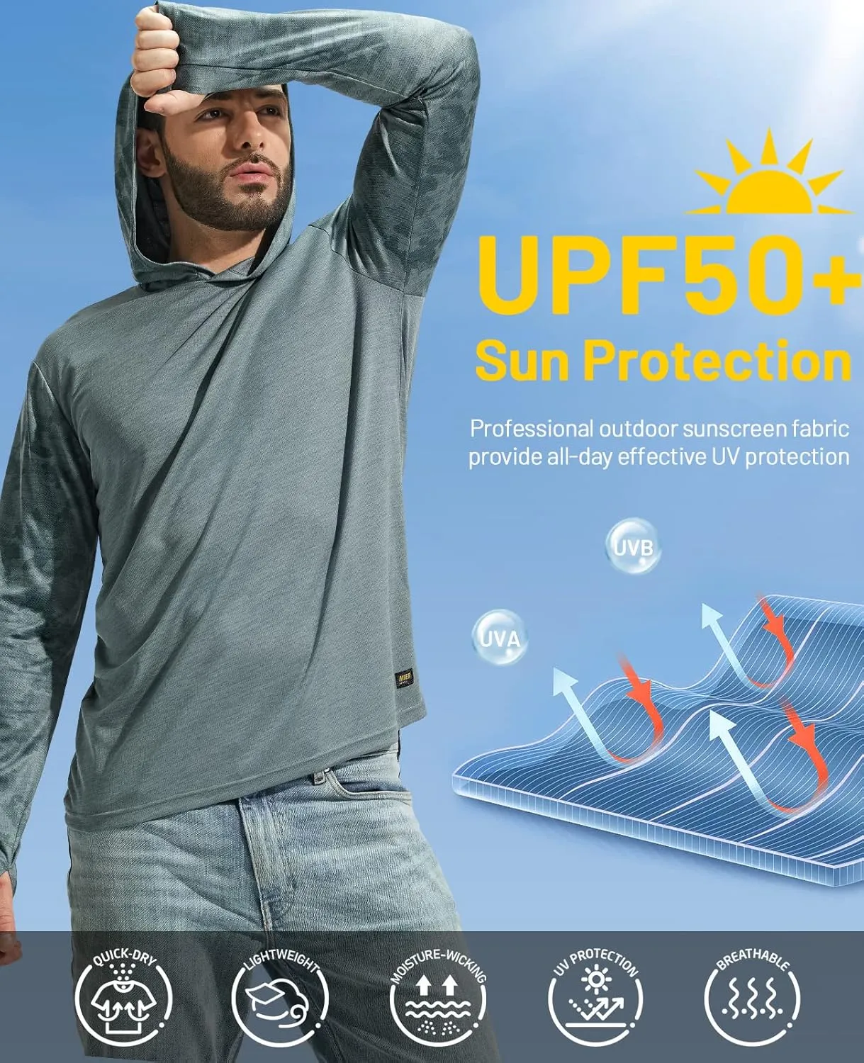 MIER Men's UPF 50  Sun Protection Hoodie Long Sleeve SPF Fishing Hiking Running Thumbhole Shirts Hooded Quick Dry Lightweight