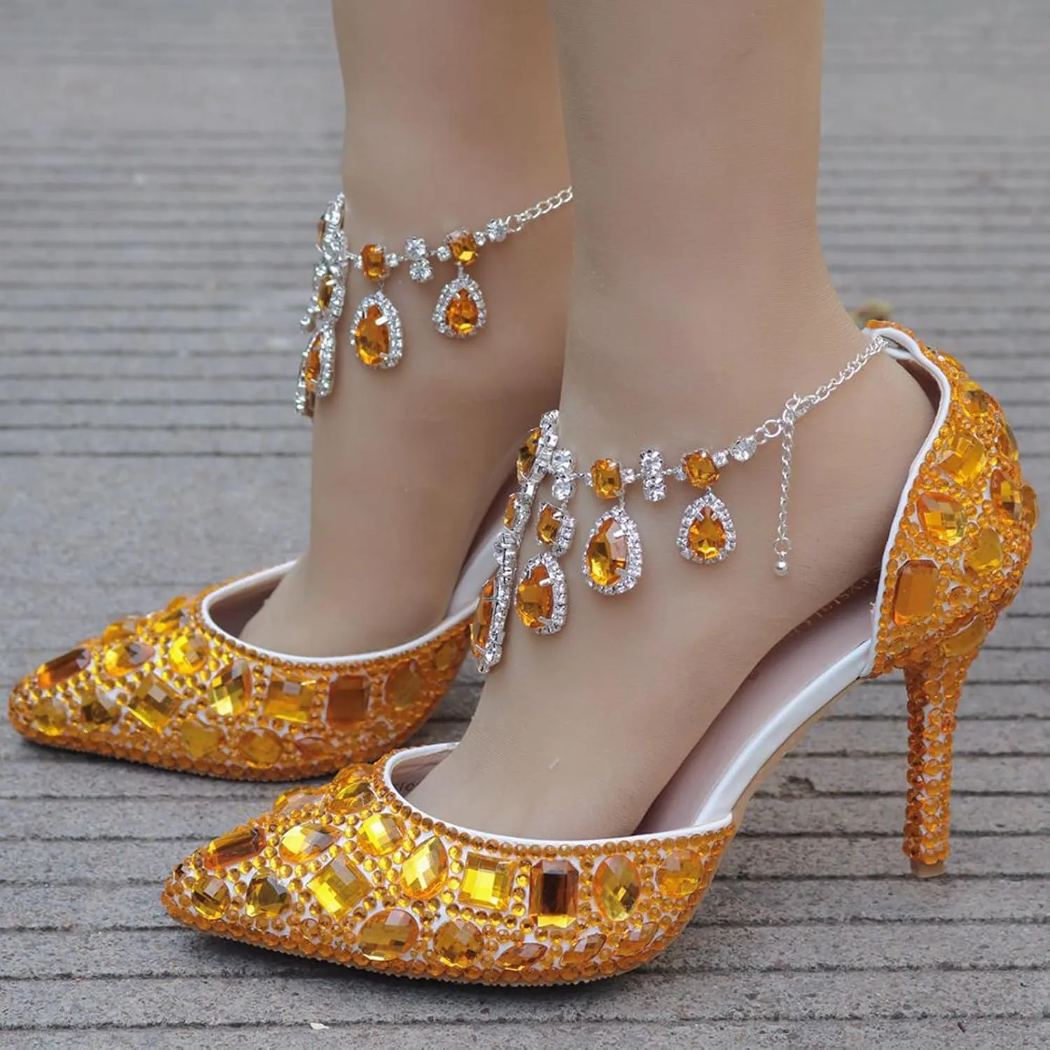 Minishion Womens Rhinestone Wedding Shoes Party Pumps with Ankle Chains