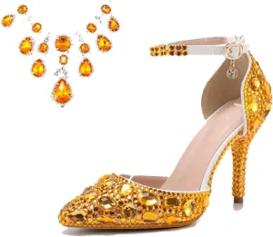 Minishion Womens Rhinestone Wedding Shoes Party Pumps with Ankle Chains