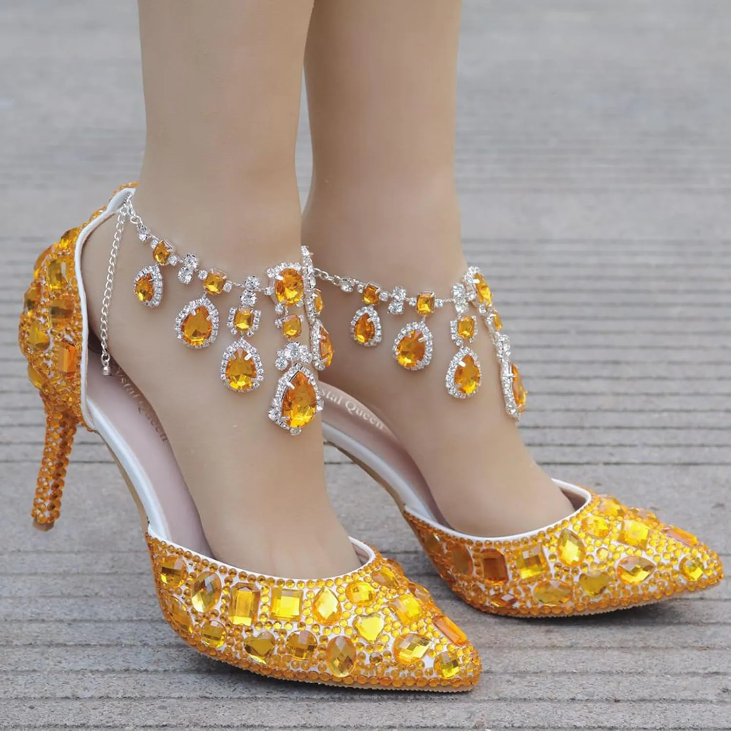 Minishion Womens Rhinestone Wedding Shoes Party Pumps with Ankle Chains