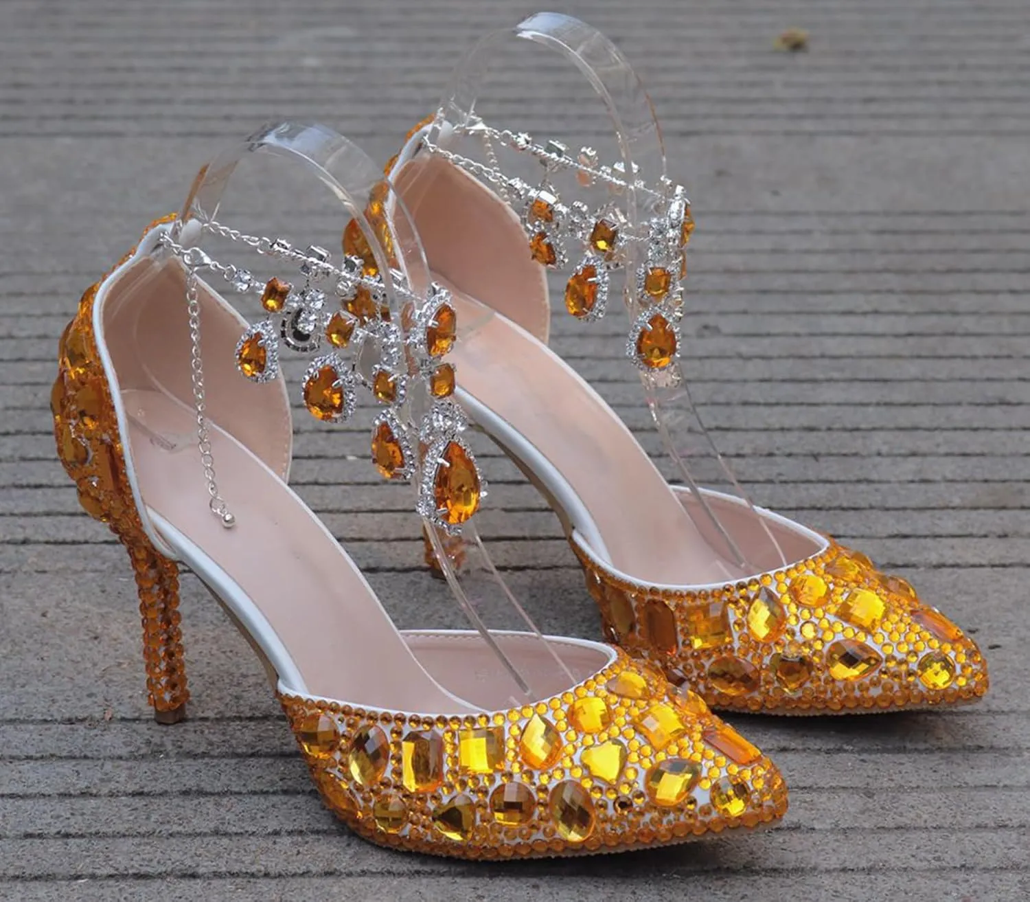 Minishion Womens Rhinestone Wedding Shoes Party Pumps with Ankle Chains