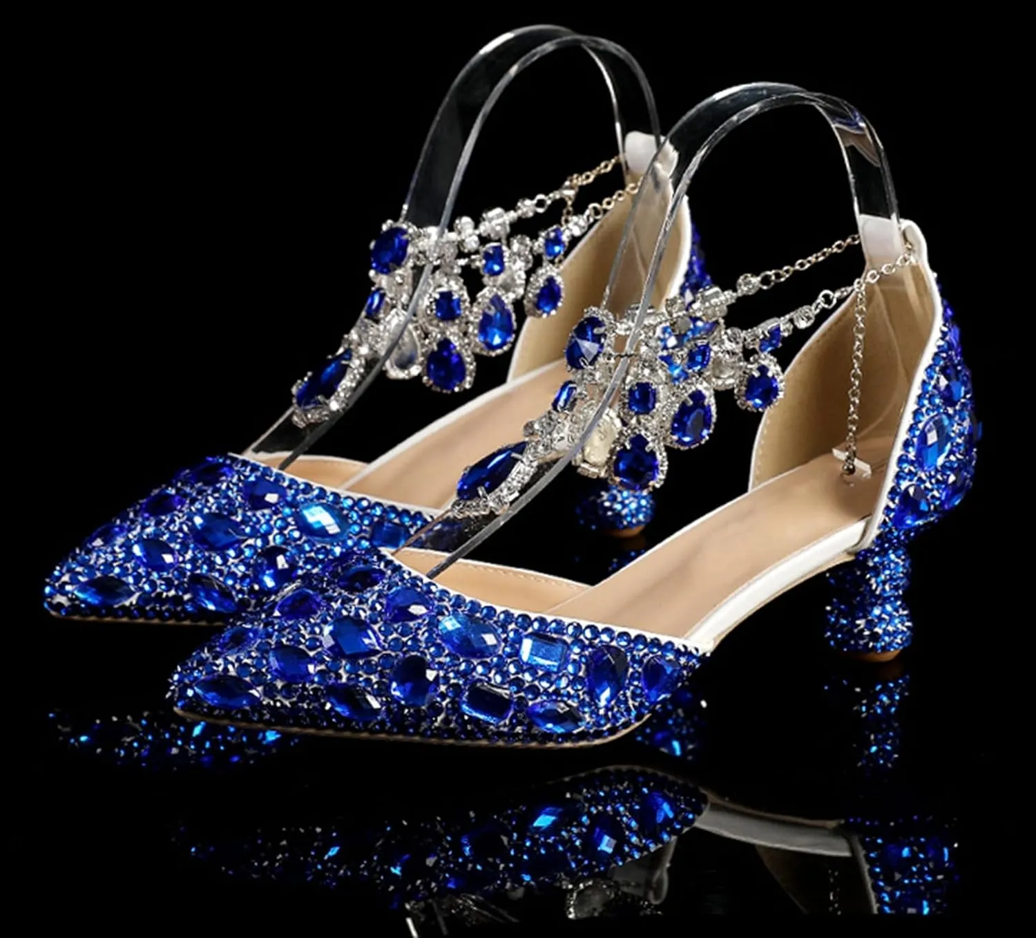 Minishion Womens Rhinestone Wedding Shoes Party Pumps with Ankle Chains