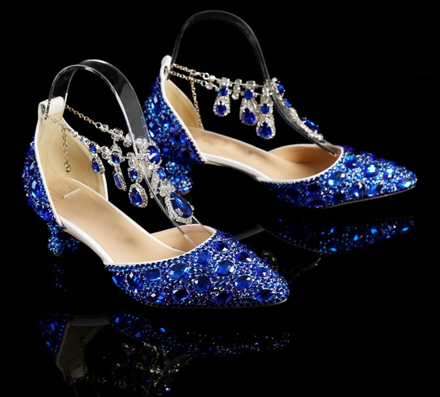 Minishion Womens Rhinestone Wedding Shoes Party Pumps with Ankle Chains