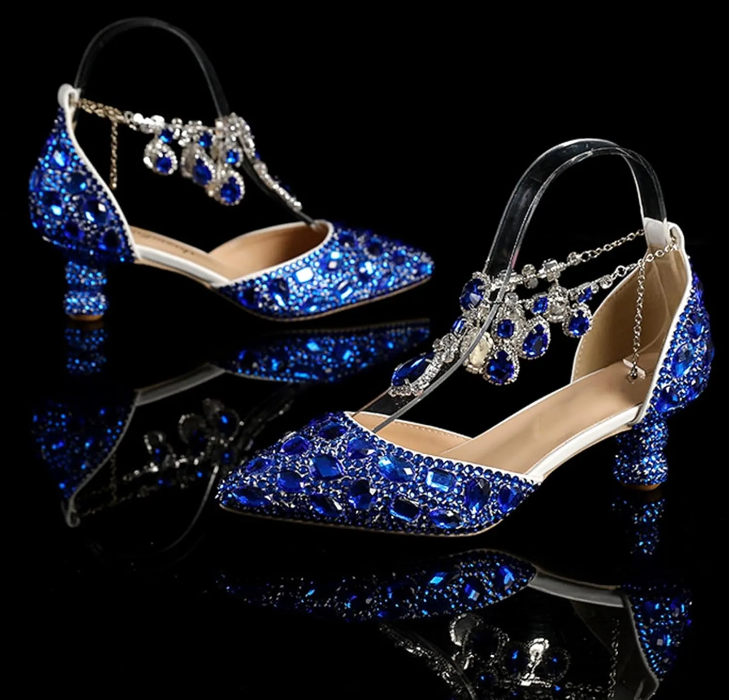 Minishion Womens Rhinestone Wedding Shoes Party Pumps with Ankle Chains