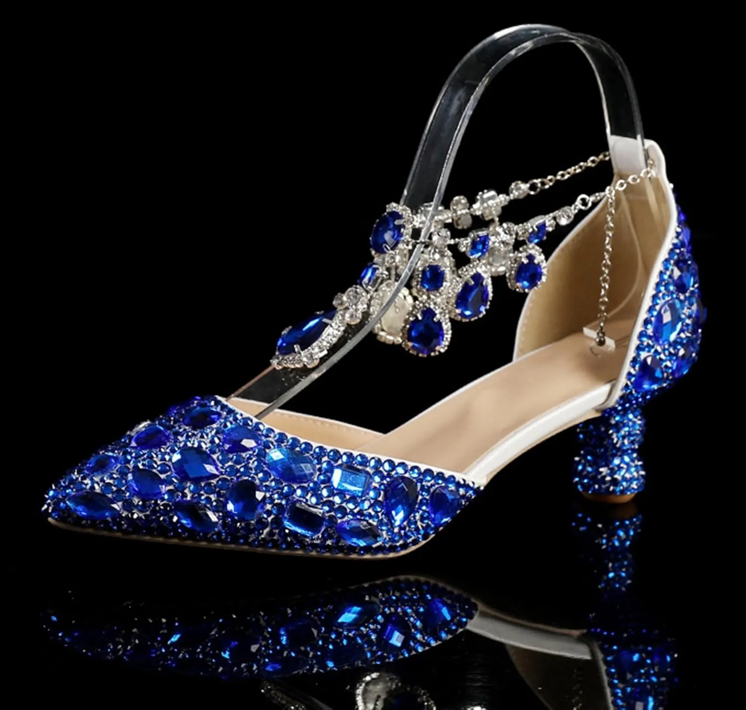 Minishion Womens Rhinestone Wedding Shoes Party Pumps with Ankle Chains