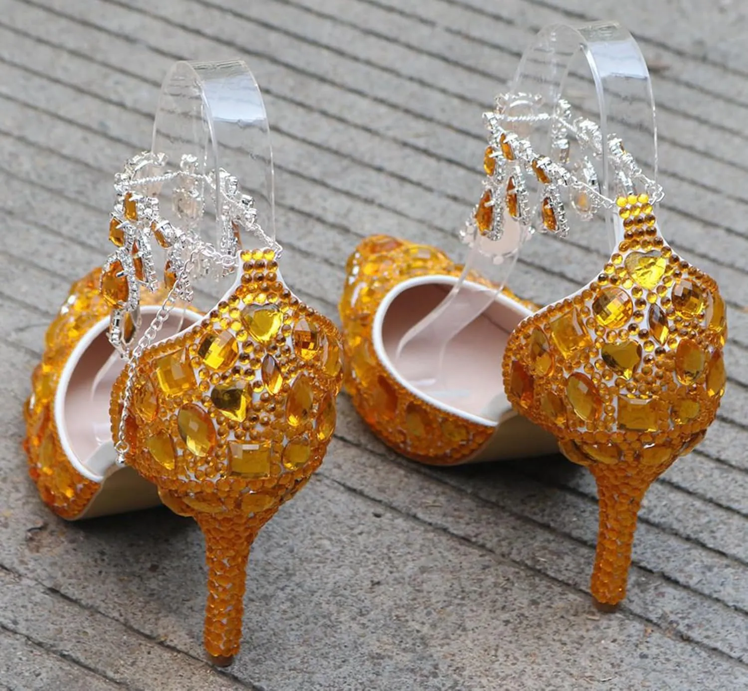 Minishion Womens Rhinestone Wedding Shoes Party Pumps with Ankle Chains